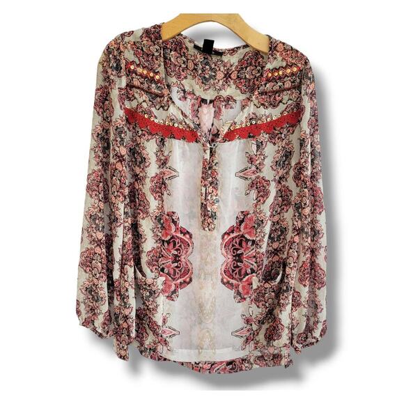 Style & Co Women’s Boho Floral Semi-Sheer Blouse with Front Pockets - Size Small - Picture 2 of 8